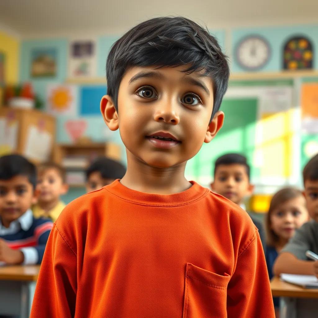 Sami, a young Arab boy with short black hair, standing proudly in front of his classmates, sharing his ideas and stories, bright classroom colors, inviting atmosphere, high quality