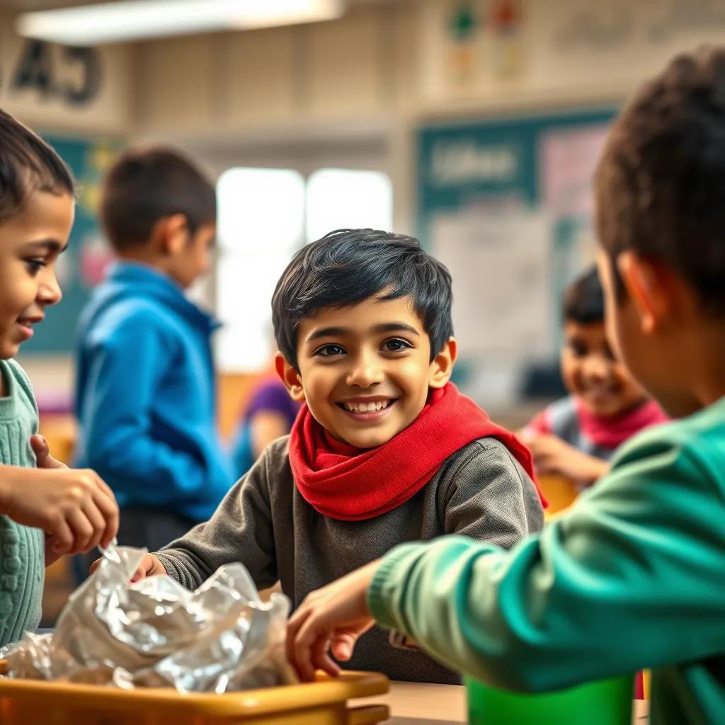 Sami, a young Arab boy with short black hair, smiling while cleaning up the classroom with friends, showing cooperation and fun, warm lighting, community spirit, high quality