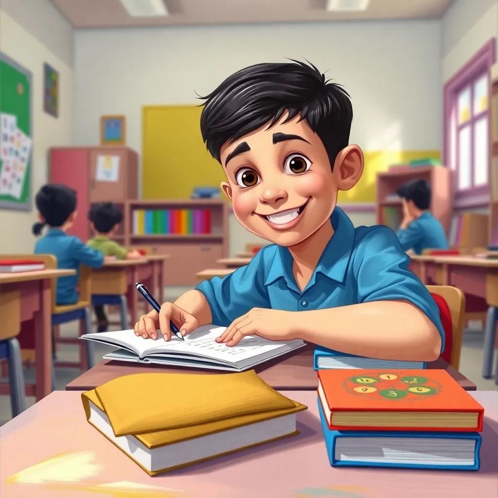 A cheerful classroom scene showing Sami, an Arab boy with short black hair, wearing a blue shirt, working on math problems at his desk with colorful books around him, bright and inviting atmosphere, digital art, vibrant colors, high quality