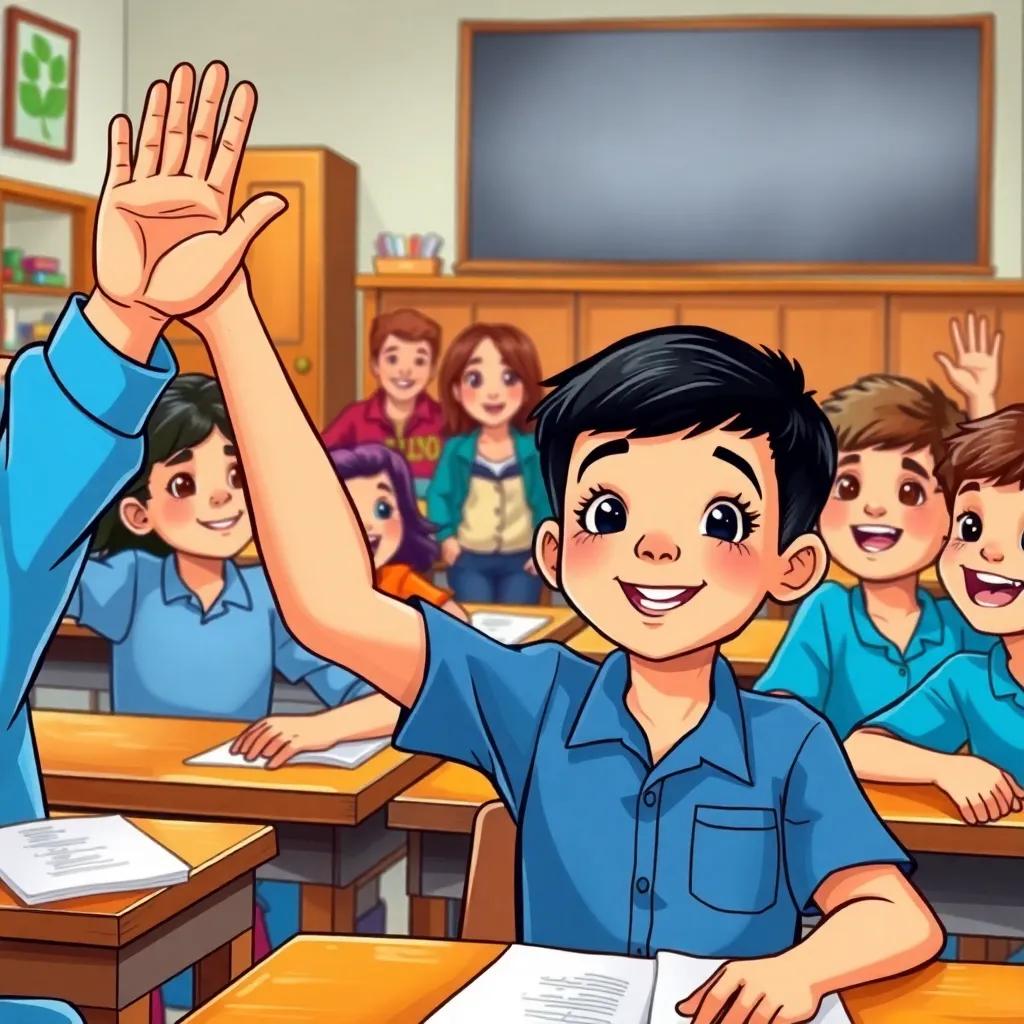 A classroom with excited students, including Sami, an Arab boy with short black hair in a blue shirt, raising his hand eagerly to answer questions, the teacher smiling in the background, lively and colorful, child-friendly atmosphere, illustration