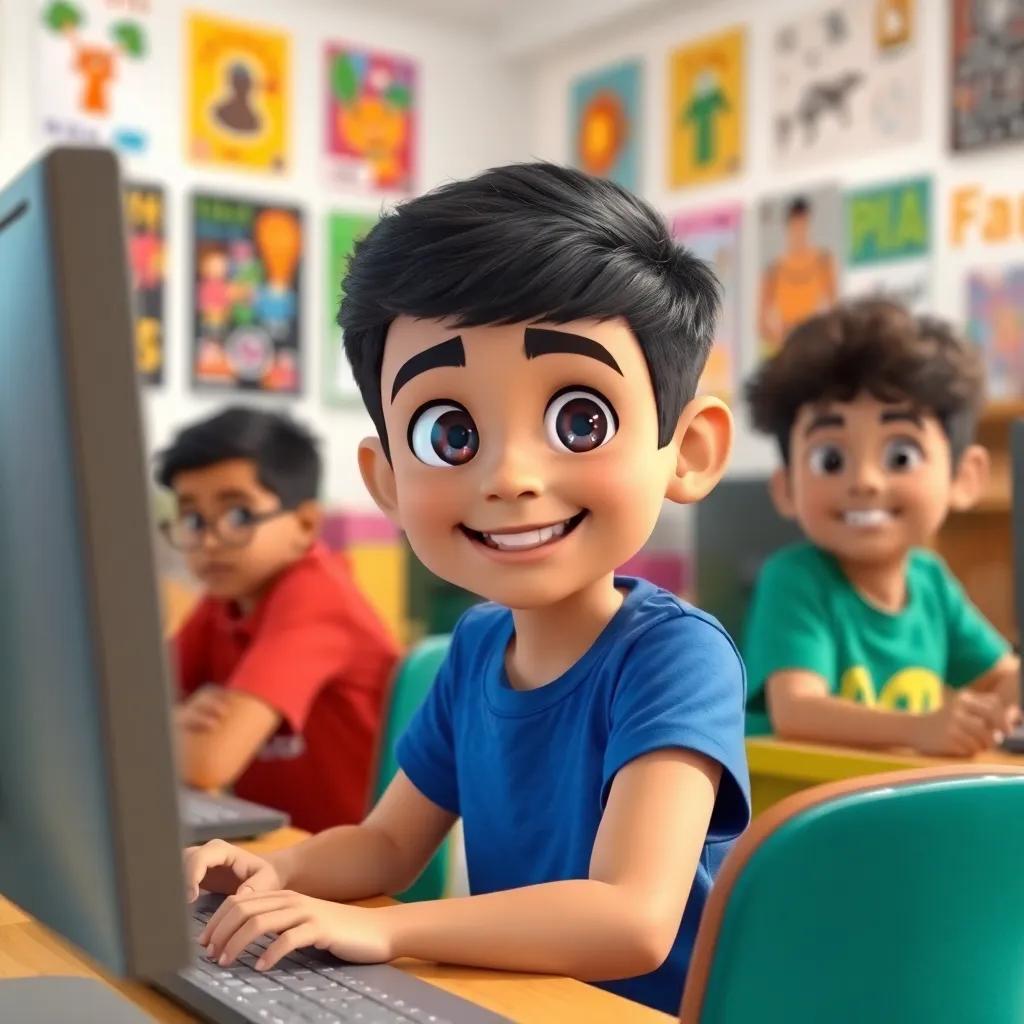 A young Arab boy, Sami, with short black hair and wearing a blue t-shirt, sitting at a computer with his friends, looking curious and excited. The room is bright and filled with colorful posters about technology, digital art, vibrant colors, cheerful atmosphere, high quality