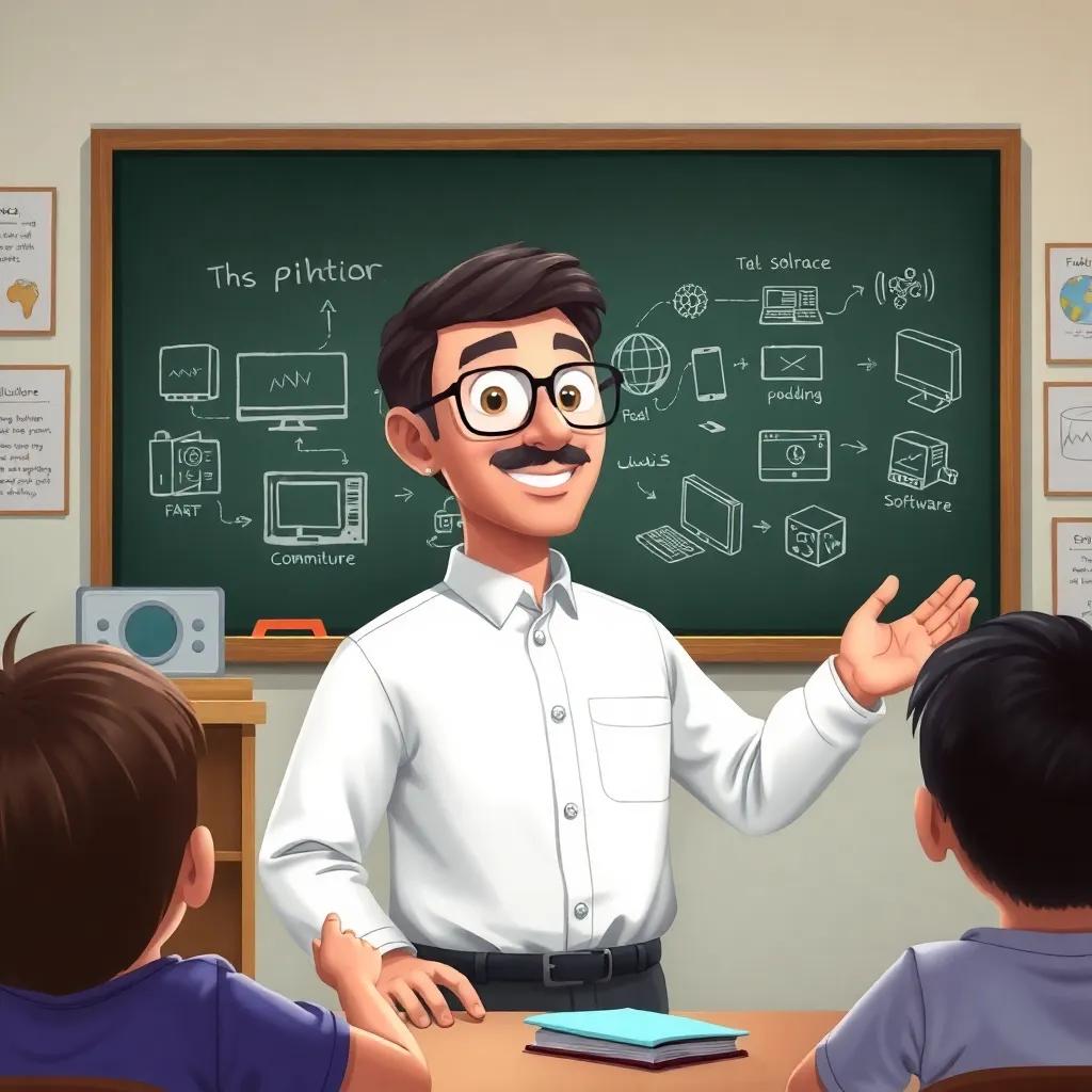 A young Arab teacher, Ahmed, with glasses and wearing a white shirt, standing in front of a blackboard with a drawing illustrating computer parts and software, explaining to enthusiastic children. The classroom is lively, showcasing various learning materials, digital painting, engaging, educational atmosphere, high quality