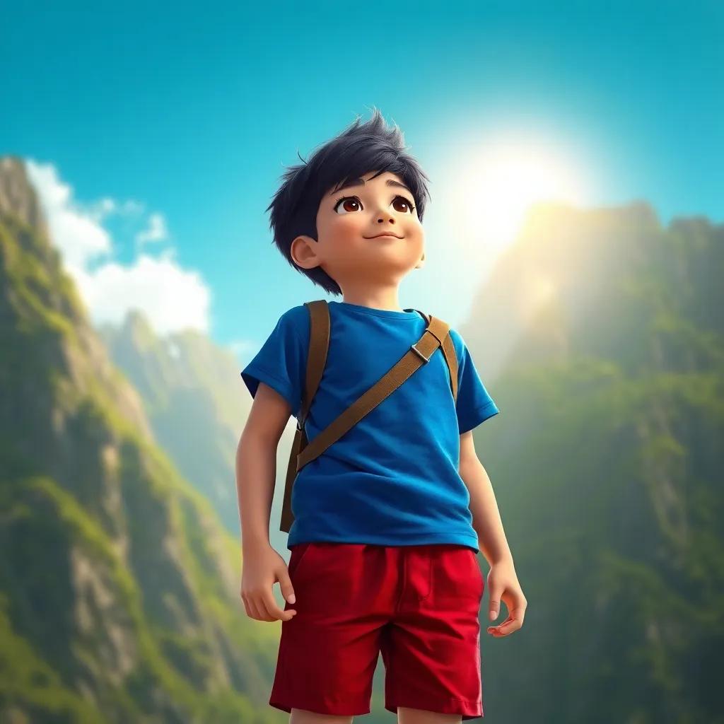 A brave boy, Sami, with short dark hair wearing a blue t-shirt and red shorts, looking up at tall green mountains with determination, bright sun shining, cheerful atmosphere, adventure theme, digital art, colorful, engaging