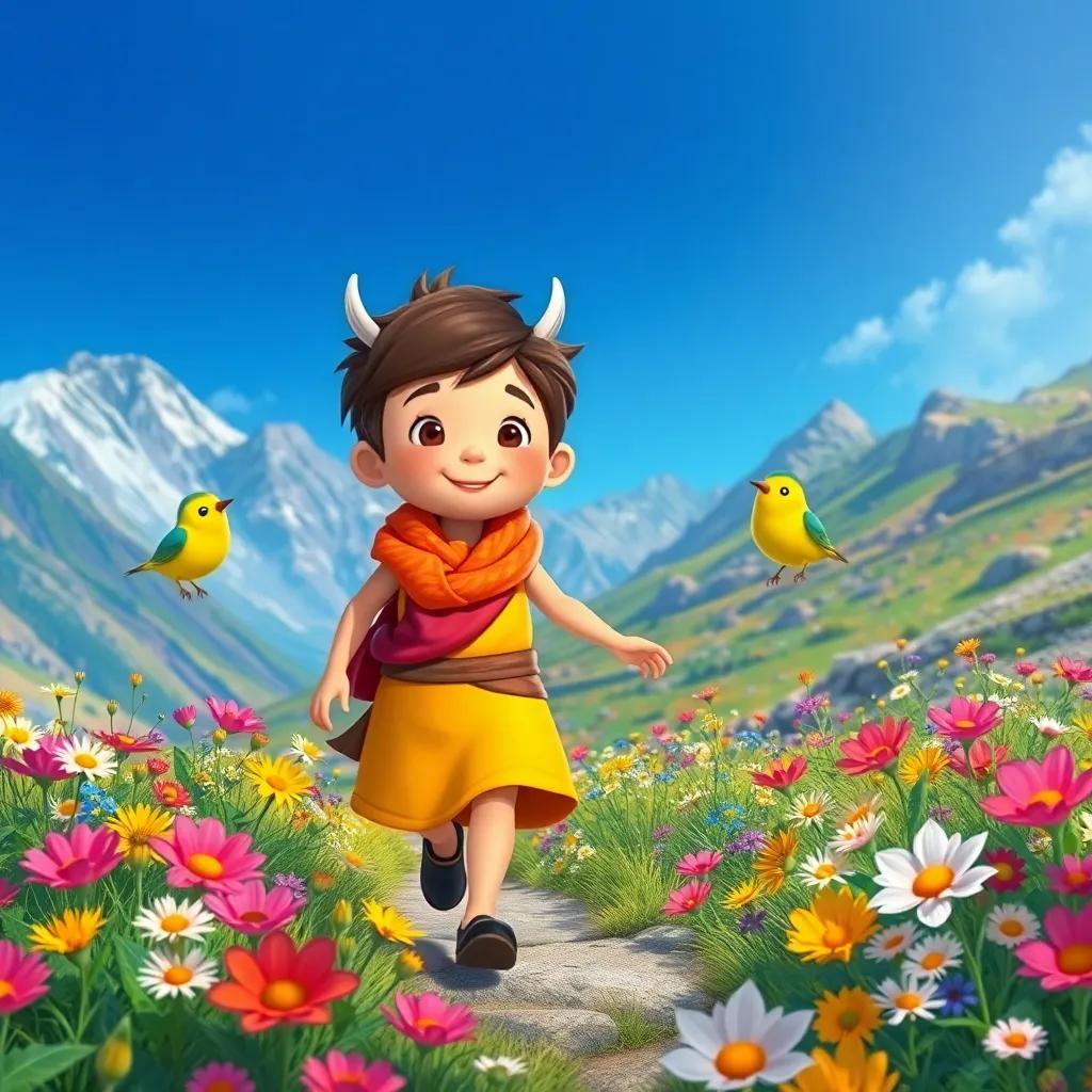 A lively scene of Sami walking through colorful flowers in a mountainous area, accompanied by a small, friendly bird with bright feathers, vibrant flowers and deep blue sky, happy and energetic, illustration, child-friendly