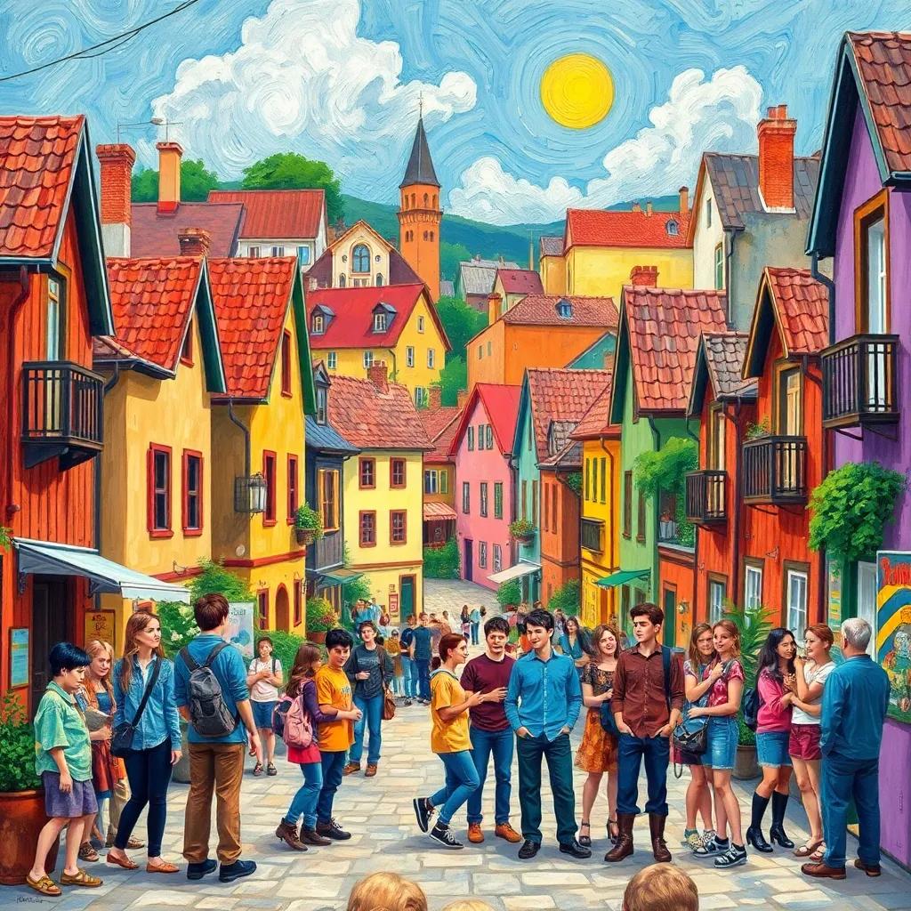 A small city with vibrant houses and streets, depicting young people gathering, laughing, and looking mischievous, illustration, colorful, lively scene, joyful atmosphere, high quality