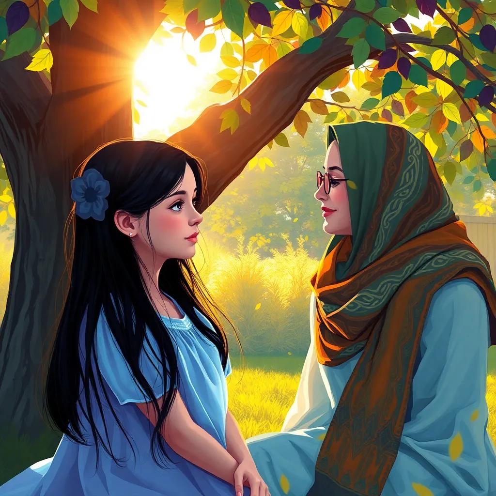 A beautiful calm girl, Leila, with long black hair and wearing a light blue dress, sitting under a tree while listening to her mother who is wearing a colorful scarf, warm sunlight filtering through the leaves, digital art, vibrant colors, a peaceful atmosphere