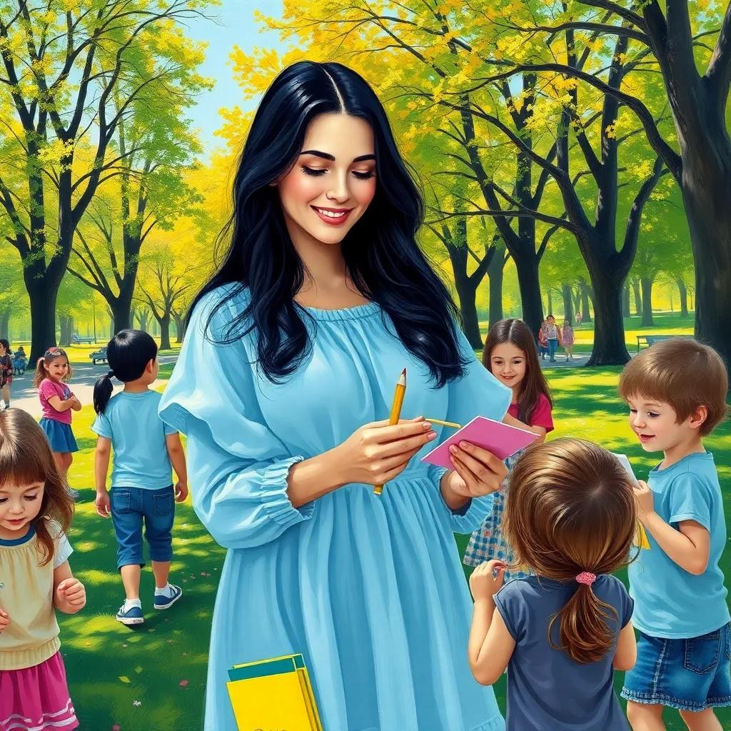 Leila, the calm beautiful girl with long black hair in a light blue dress, happily giving colorful cards to children in a park, surrounded by trees and joyful kids playing, sunny day, cheerful feeling, high quality