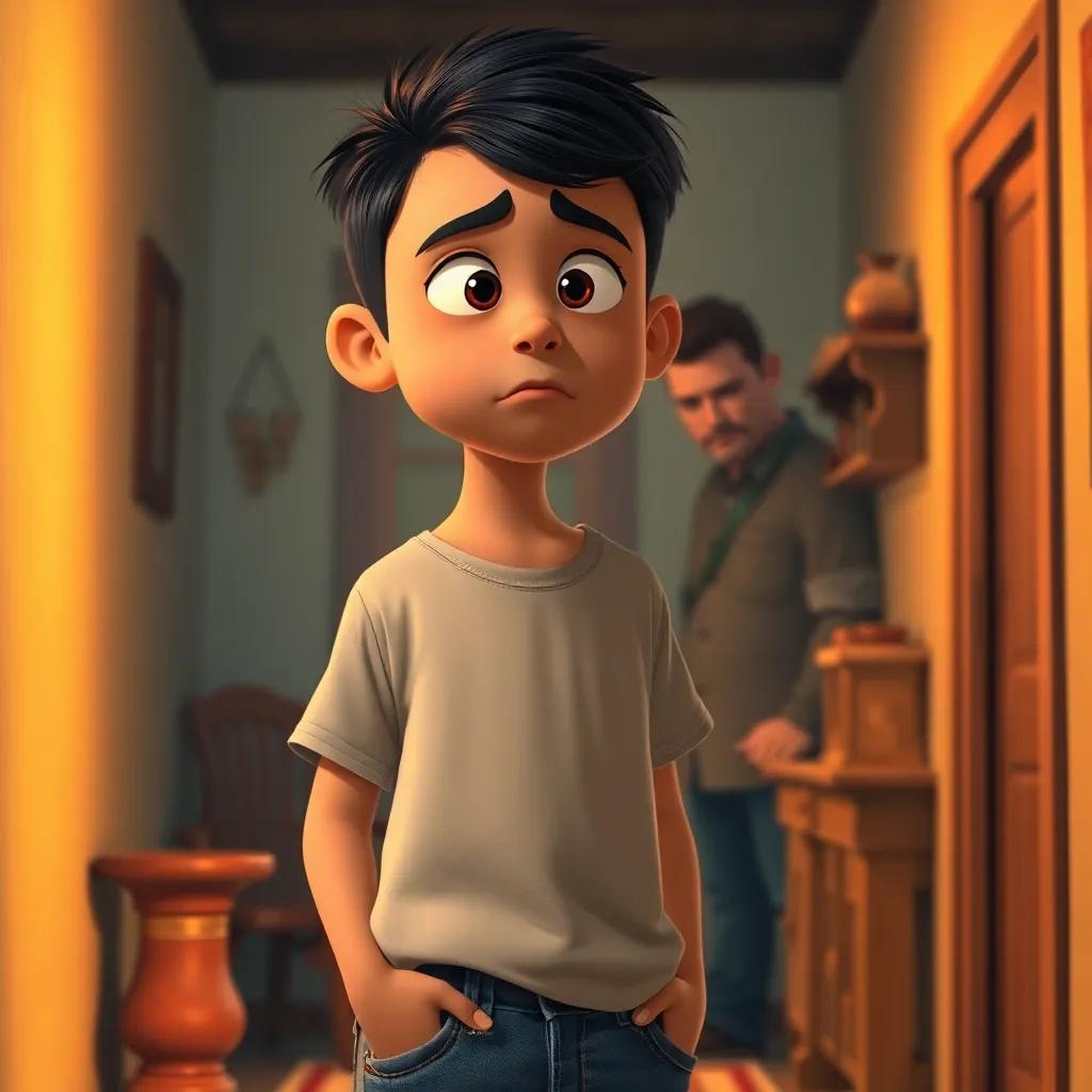 A young Arab boy, Adel, with short black hair wearing a simple t-shirt and jeans, standing in a small, cozy house with a sad expression, looking at a man in the background who is frowning, warm light, soft colors, intimate perspective, detail-oriented