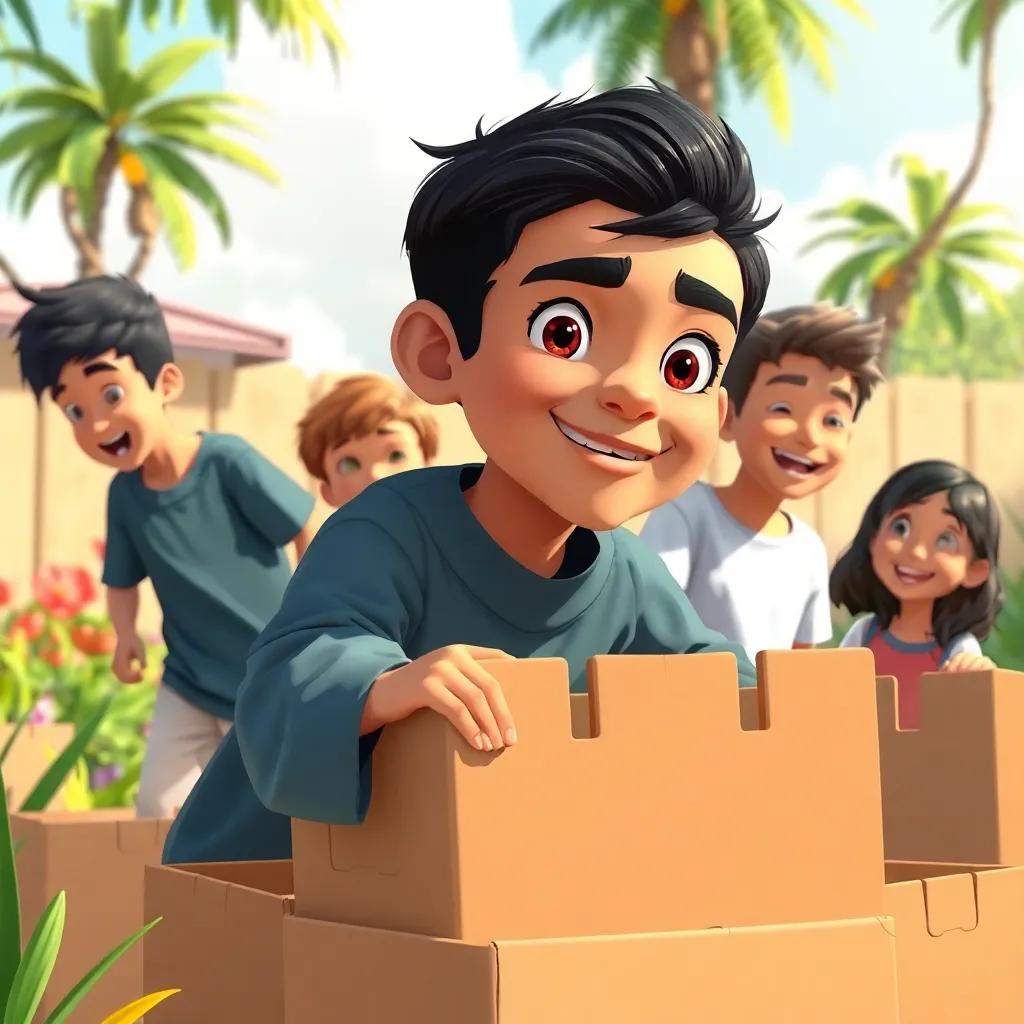 A young Arab boy, Adel, with short black hair and a determined look, outside in a sunny garden, surrounded by his friends who are laughing, building a castle out of boxes, bright colors, cheerful atmosphere, wide perspective, high-quality illustration