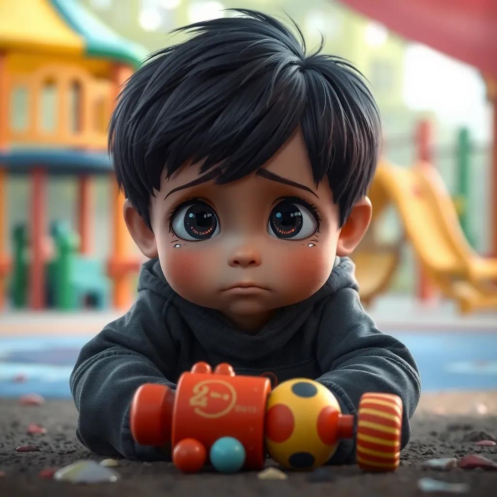 A little boy named Sami, looking sad with tears in his eyes, sitting on the ground with a broken toy, colorful playground in the background, digital art, soft colors, melancholic atmosphere, high quality