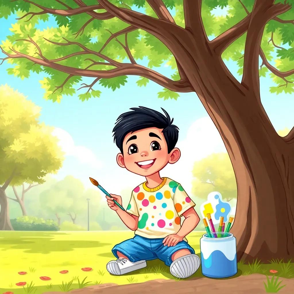 A happy boy, a young Arab boy with short black hair, wearing a colorful t-shirt and denim shorts, sitting under a large tree in a sunny park, holding a paintbrush and colorful paints, digital art, cheerful atmosphere, vibrant colors, child-friendly, high quality