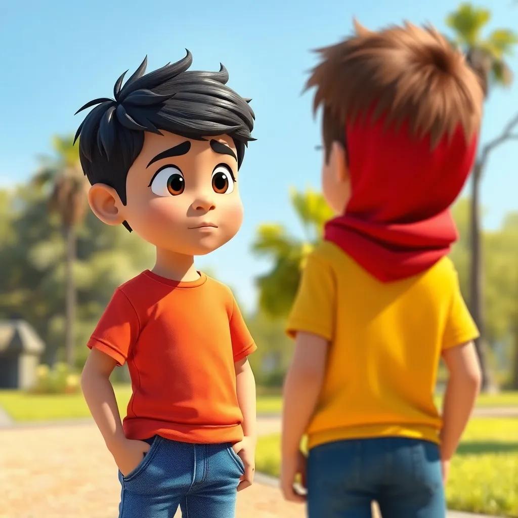 A young Arab boy, Ali, with short black hair wearing a bright t-shirt and jeans, standing in a sunny park, looking concerned while talking to another boy, digital art, cheerful, vibrant colors, friendly atmosphere, high quality
