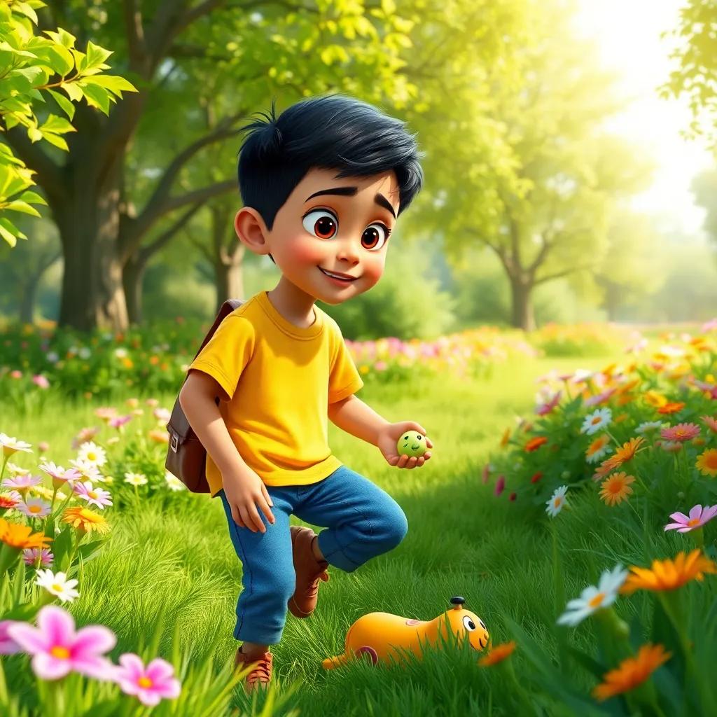 A young Arab boy, Ali, with short black hair in a bright t-shirt and jeans, searching with a friend for a lost toy in a lush green park, colorful flowers around, bright sunlight, illustration, playful, engaging scene, high quality