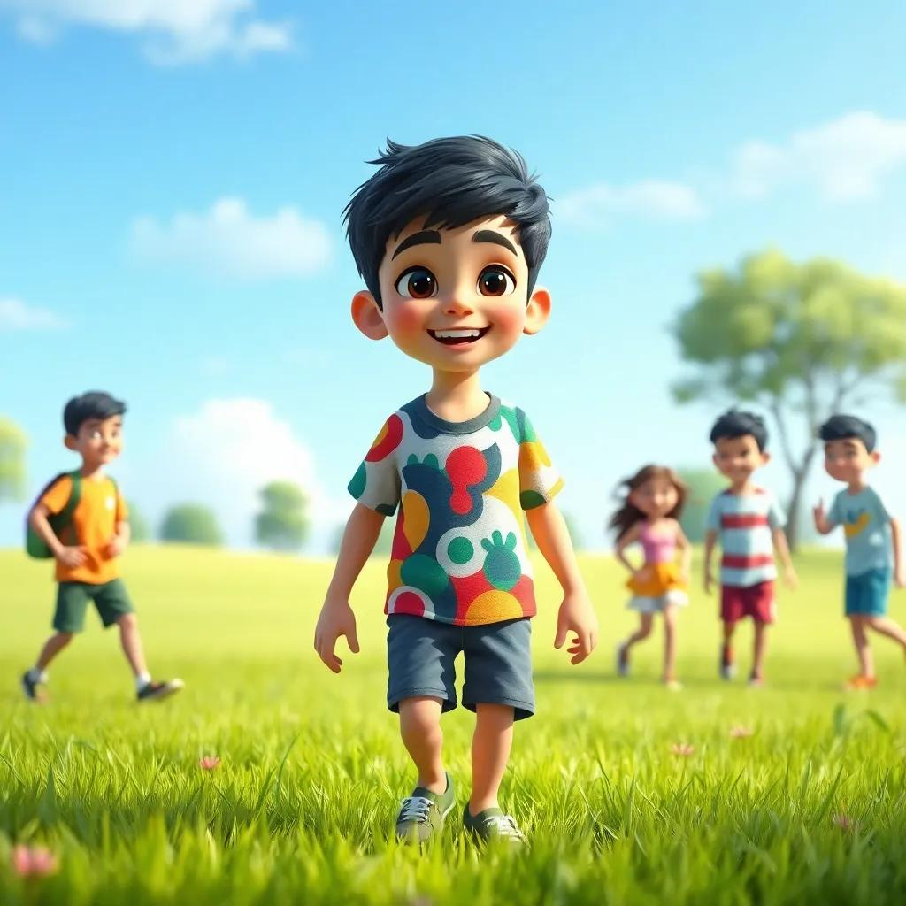 A young Middle Eastern boy, Sami, with short black hair, wearing a colorful t-shirt and shorts, playing happily in a park with friends, green grass and blue sky, digital art, bright colors, cheerful atmosphere, high quality