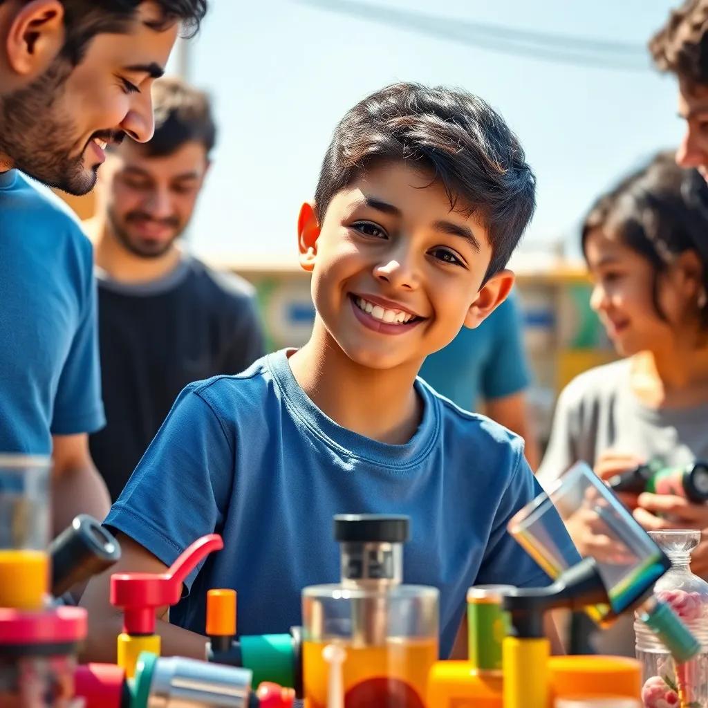 A young Arab boy, Sami, with short black hair and wearing a blue t-shirt, surrounded by colorful tools and parts for his juice machine, happily brainstorming with friends, bright sunny day, cheerful atmosphere, digital art, vibrant colors, high quality