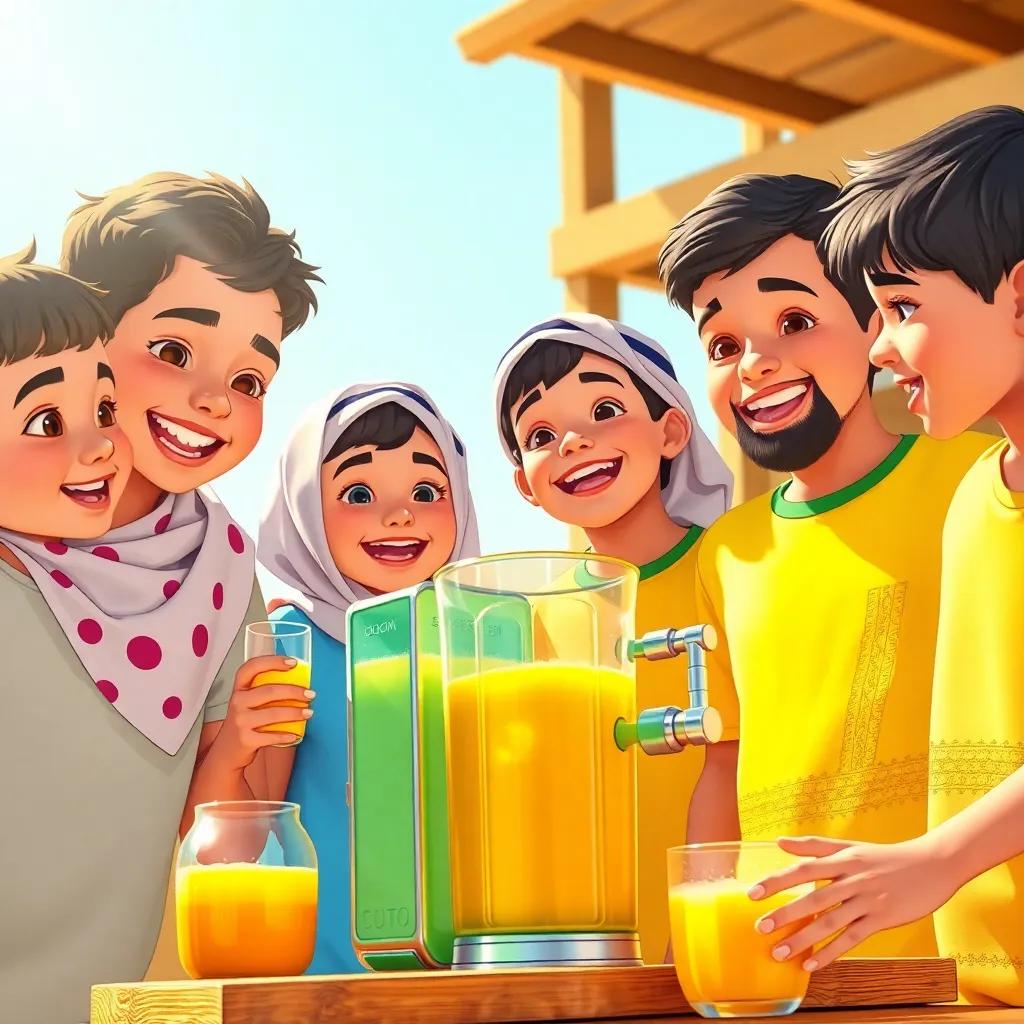 A group of young Arab children, including Sami, celebrating as they drink freshly made juice from a fun machine they created, happy faces, bright summer colors, feeling of friendship and accomplishment, illustration, warm sunlight, child-friendly
