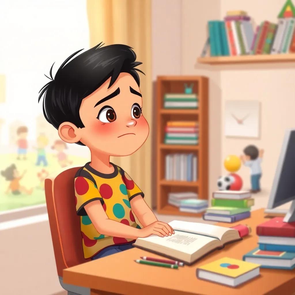 A young Arab boy, Zaid, with short black hair, wearing a colorful t-shirt and jeans, frowning while sitting at a desk filled with books and toys, looking out the window at children playing, illustration, cheerful, colorful, high quality