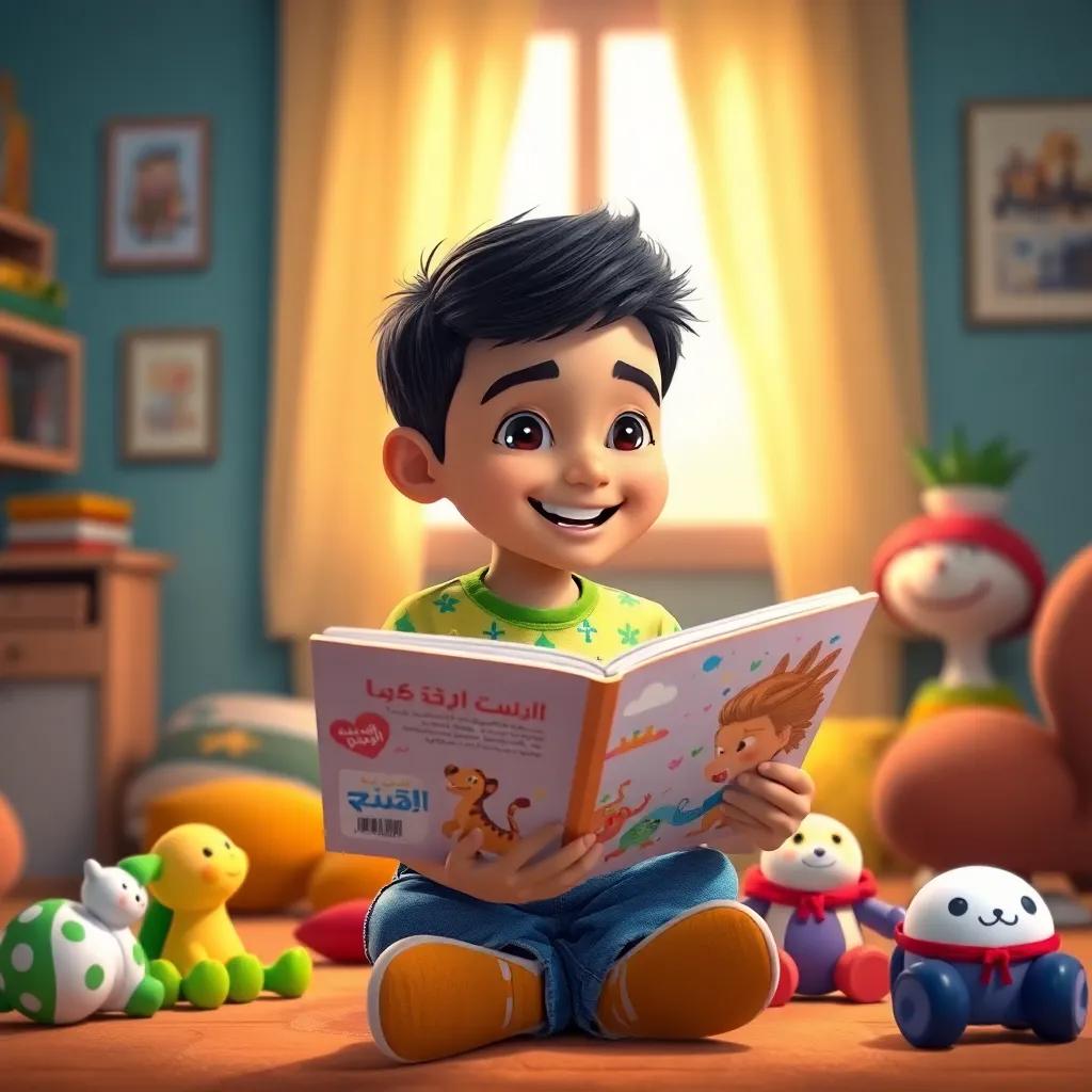 Zaid, a young Arab boy with short black hair in a colorful t-shirt and jeans, happily reading a book with bright illustrations, surrounded by his favorite toys, in a cozy room, warm light, inviting atmosphere, high quality