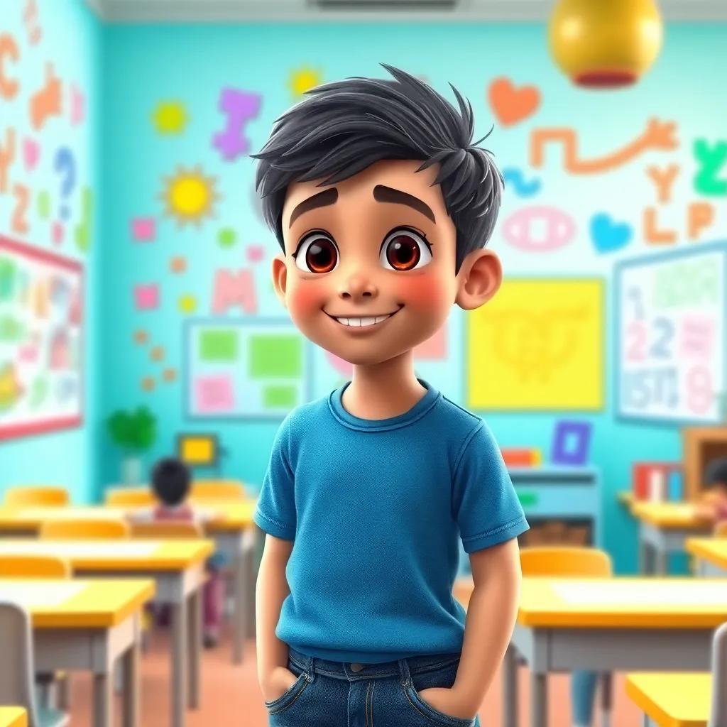 A young Arab boy, Salem, with short black hair, wearing a blue shirt and jeans, standing in a colorful classroom filled with drawings, smiling at his friends, digital art, cheerful atmosphere, vibrant colors, high quality