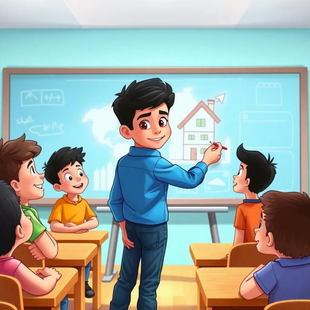 Salem, a young Arab boy, with short black hair in a blue shirt and jeans, drawing a large map of a house on a big board in a classroom, surrounded by curious friends, illustration, bright colors, engaging and fun, child-friendly