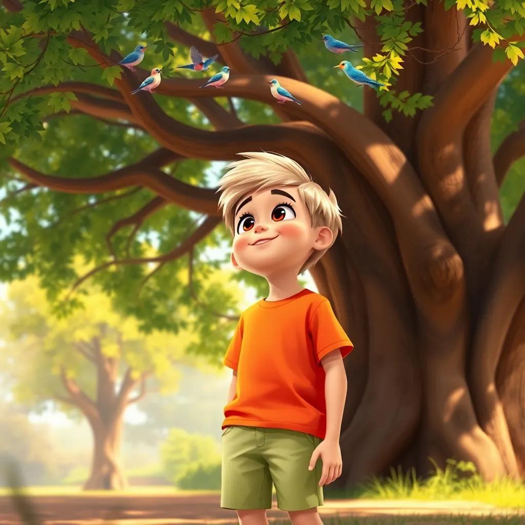 A young Arab boy, شهم, with short, light blonde hair wearing a bright t-shirt and shorts, standing under a big tree, looking up at birds chirping on the branches, digital painting, colorful, cheerful atmosphere, high quality