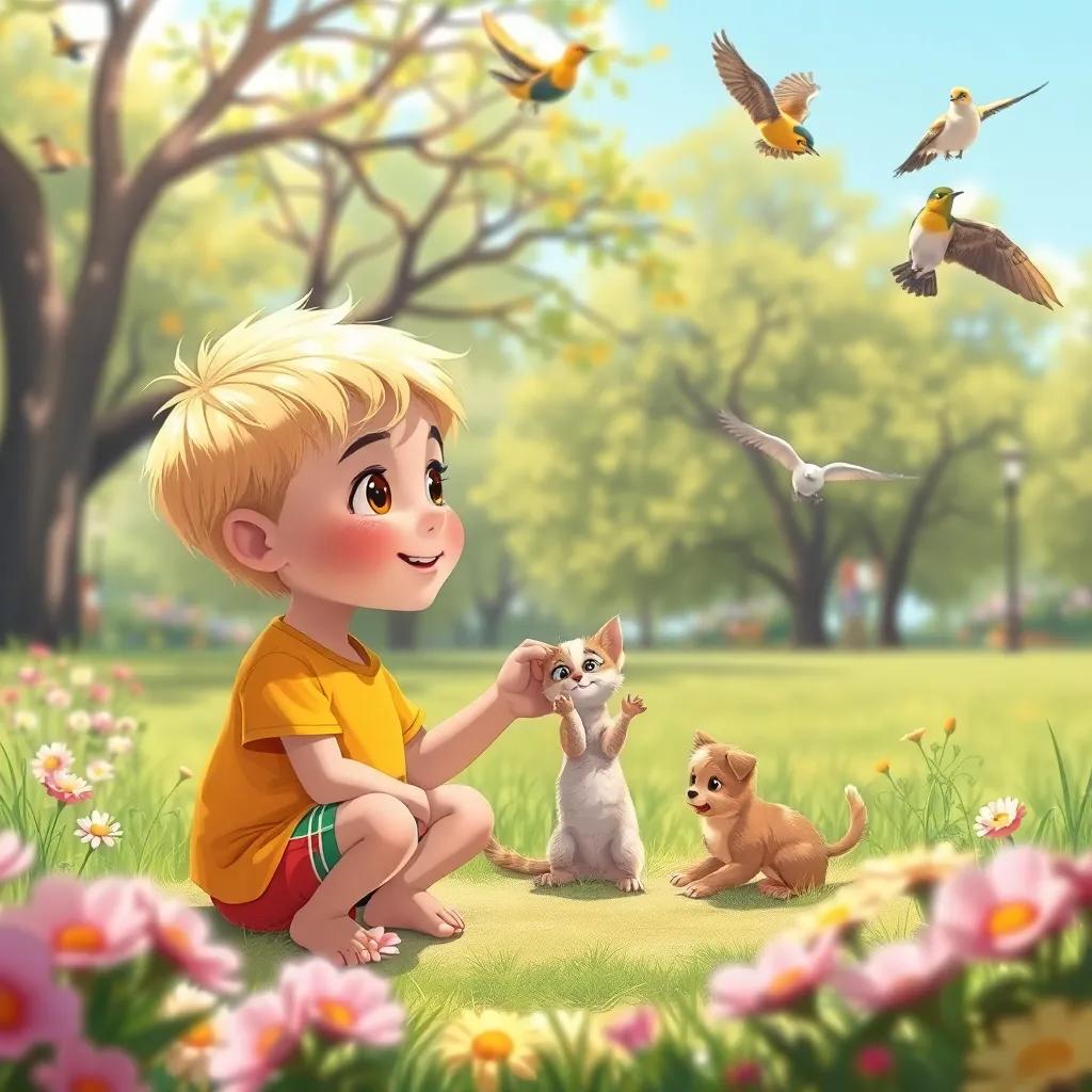 شهم, a young Arab boy with short, light blonde hair, in a bright t-shirt and shorts, playing with a small kitten and watching birds in a park, surrounded by flowers and grass, lively, engaging scene, detailed illustration