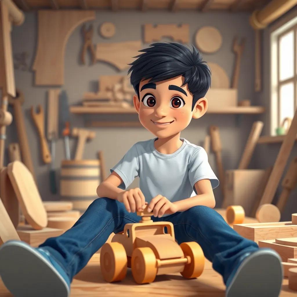 A young Arab boy, Karim, with short black hair wearing a simple t-shirt and jeans, sitting in a workshop surrounded by wooden pieces and tools, working on a wooden toy car, illustration, playful, bright colors, happy atmosphere, child-friendly
