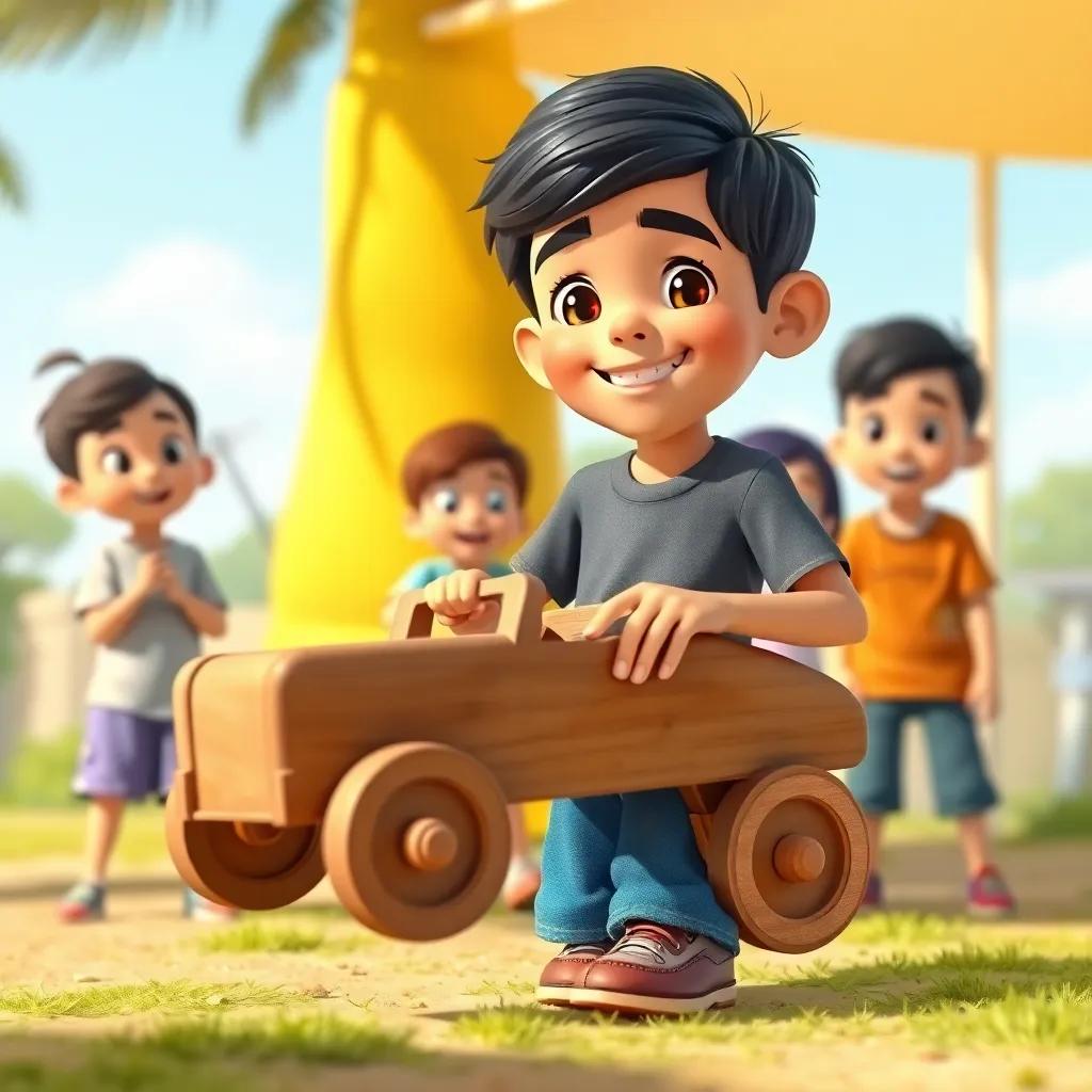 Karim, a young Arab boy with short black hair wearing a t-shirt and jeans, proudly showing his finished wooden toy car to his amazed friends in a sunny outdoor setting, illustration, cheerful, vibrant colors, exciting atmosphere, child-friendly