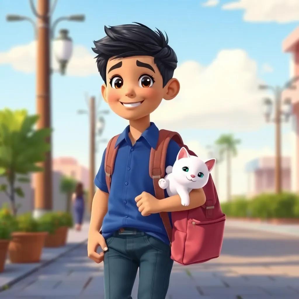 A cheerful young Arab boy, Yusuf, with short black hair, wearing a blue shirt and jeans, walking to school with a cute white cat in his backpack, sunny day, vibrant colors, happy expressions, friendly atmosphere
