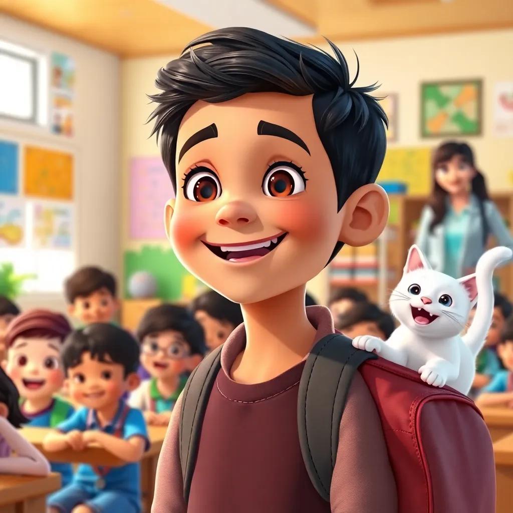 A smiling young Arab boy, Yusuf, with short black hair, looking excited in a classroom filled with children, a playful white cat, Lolo, jumping out of a backpack, a friendly teacher laughing, colorful classroom, joyful scene.