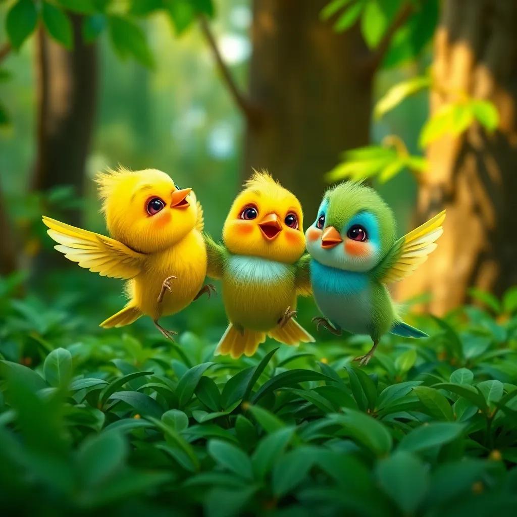 Three little birds, colorful feathers - yellow, blue, green - playing together in a lush green forest, digital art, bright colors, cheerful atmosphere