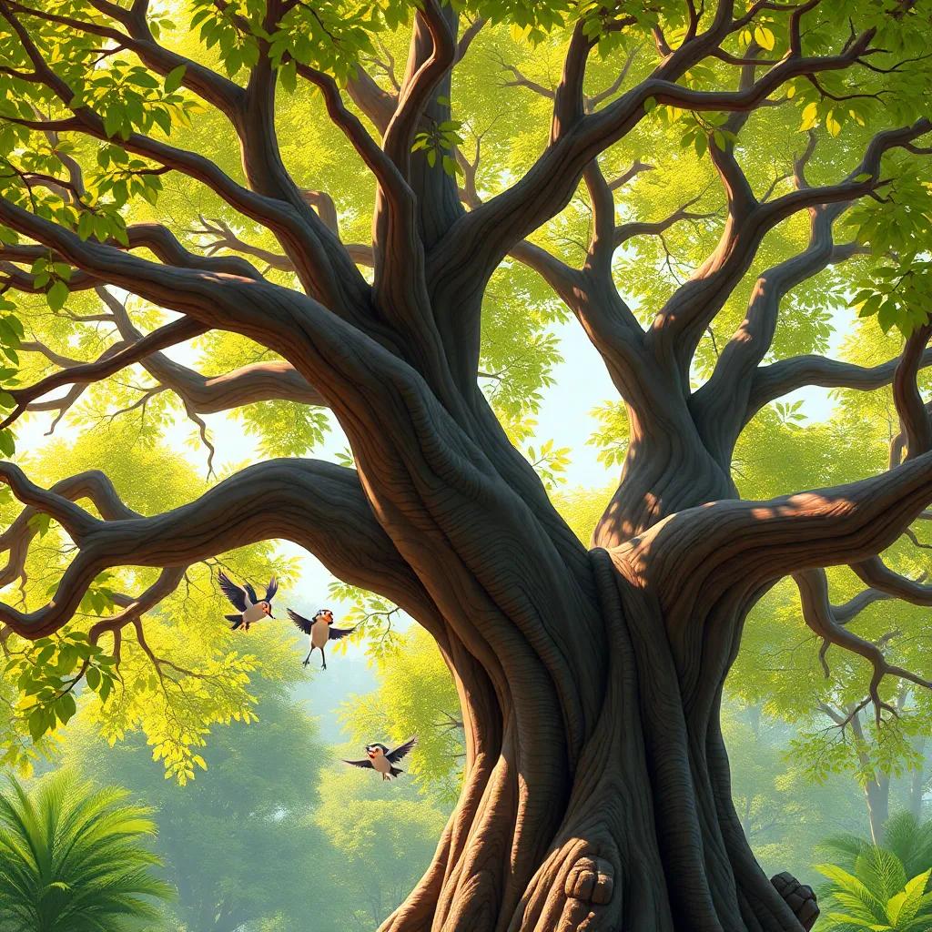 A large tree in the forest, branches full of leaves, with three little birds flying around joyfully, cheerful, bright, colorful scene