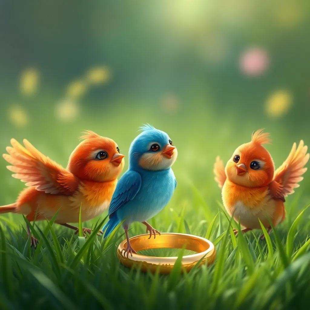 Three little birds approaching a shiny golden ring hidden in grass, excitement on their faces, vibrant colors, enchanting atmosphere