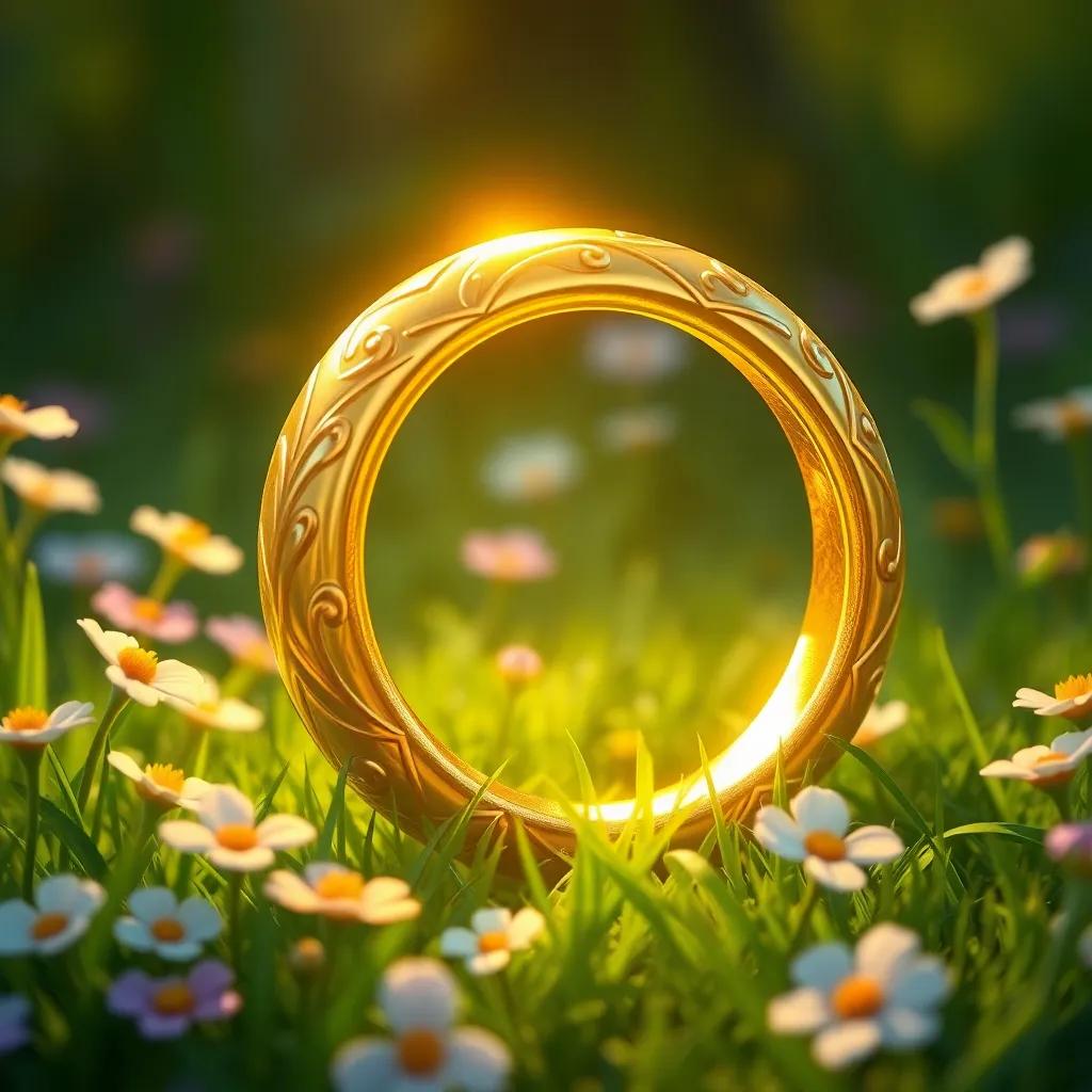 Close-up of the golden ring that the three little birds found, surrounded by flowers and grass, shiny and magical, inviting, detailed art