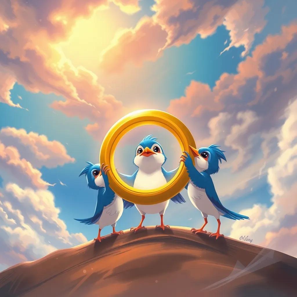 Three little birds protecting the golden ring from strong winds, illustrations of bravery, colorful sky, dynamic and inspiring scene