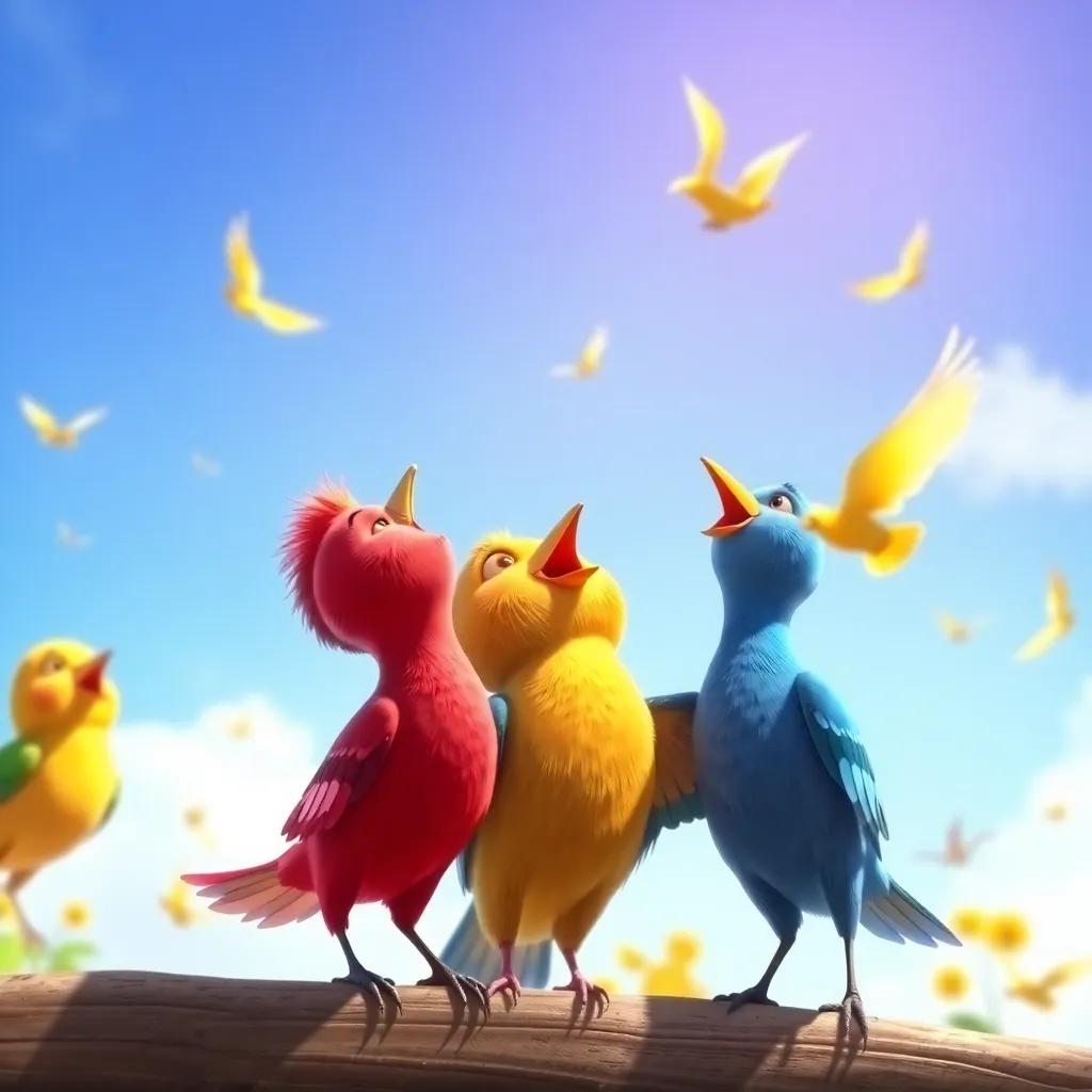 The birds singing a song to brighten up their spirits, colorful feathers fluttering, under a vivid blue sky, cheerful and lively atmosphere