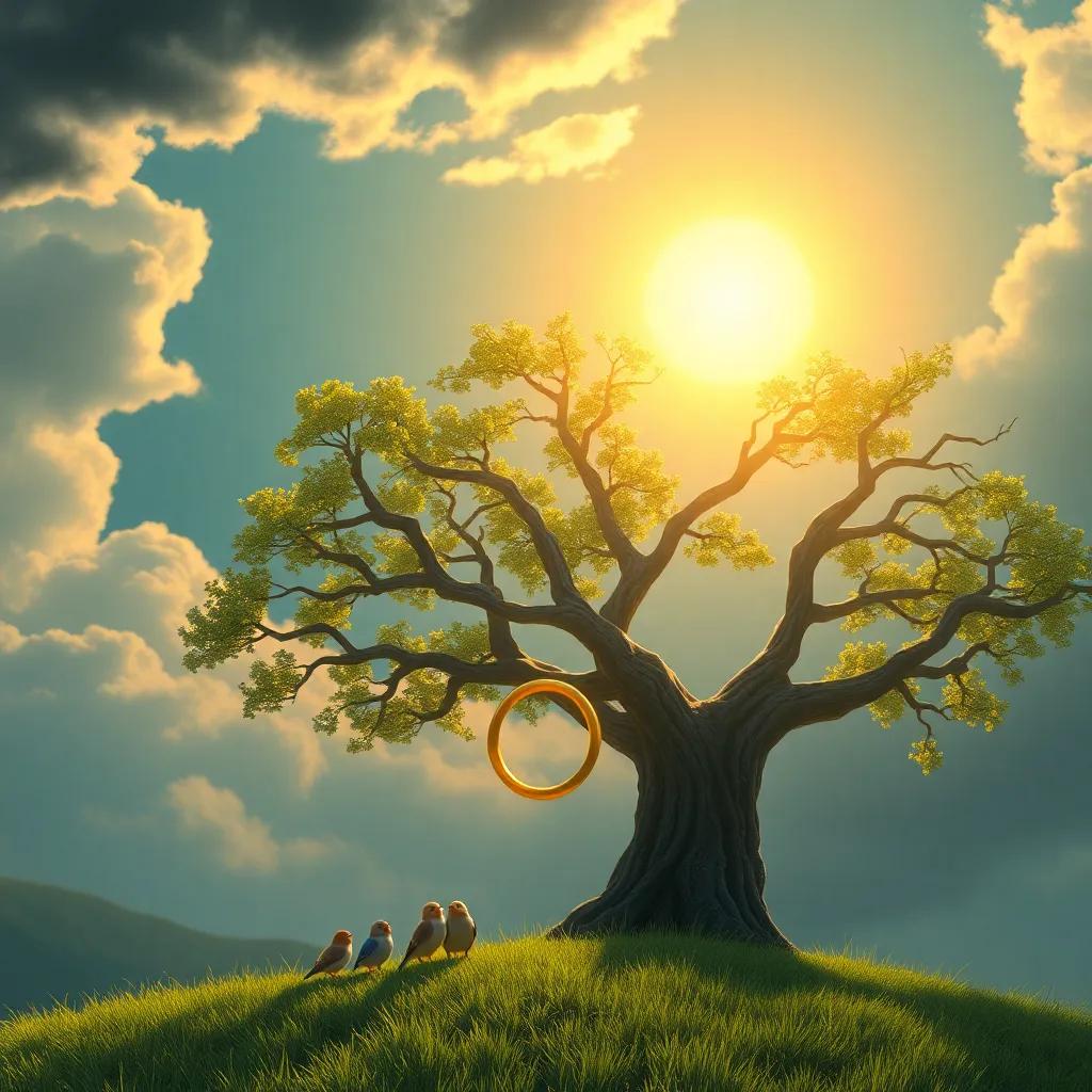 The sun shining bright after the storm, the tree where the little birds placed the golden ring as a symbol of friendship, warm light, joyous feeling