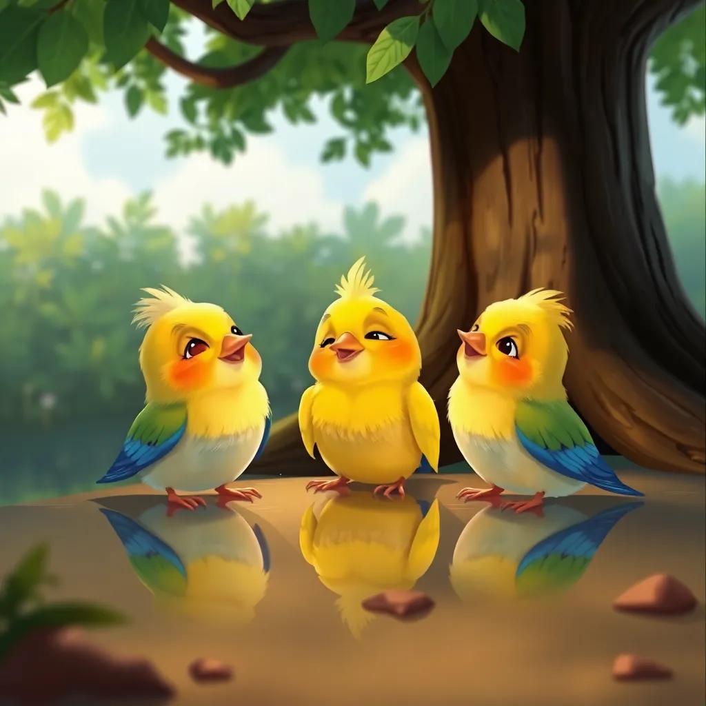 Three little birds reflecting on their adventure, smiling and looking at each other under the big tree, friendship bonds showcased, happy