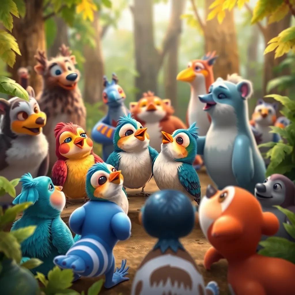The little birds surrounded by other animal friends in the forest, sharing their songs, everyone happy and having fun, colorful and welcoming atmosphere