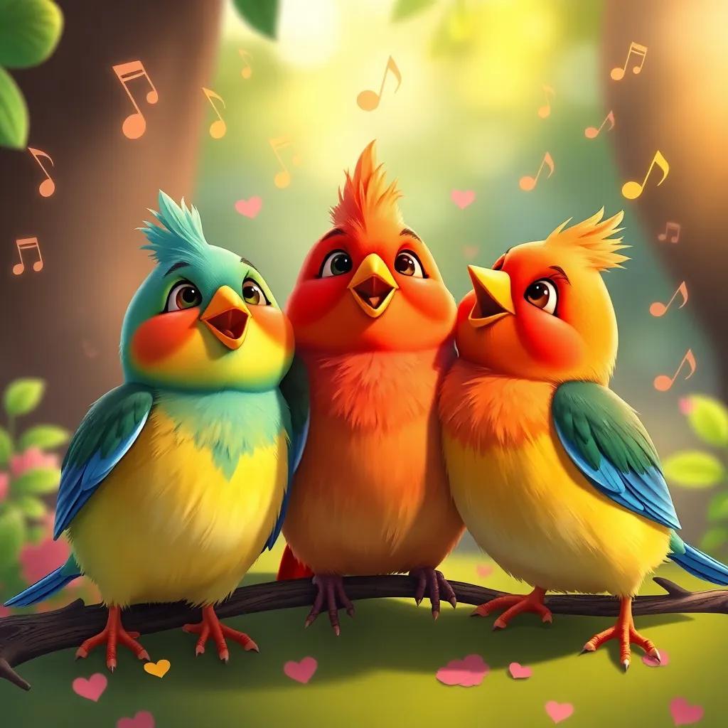 The three little birds celebrated as the ambassadors of love and friendship, enchanting music notes around, vibrant colors, joyful scene