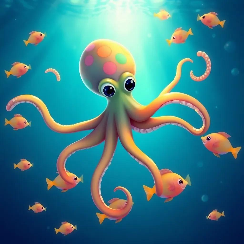 A colorful octopus with long, flowing tentacles, swimming heroically in the deep blue sea, surrounded by cheerful fish, illustration, vibrant colors, light filtering through the water, uplifting atmosphere, high quality