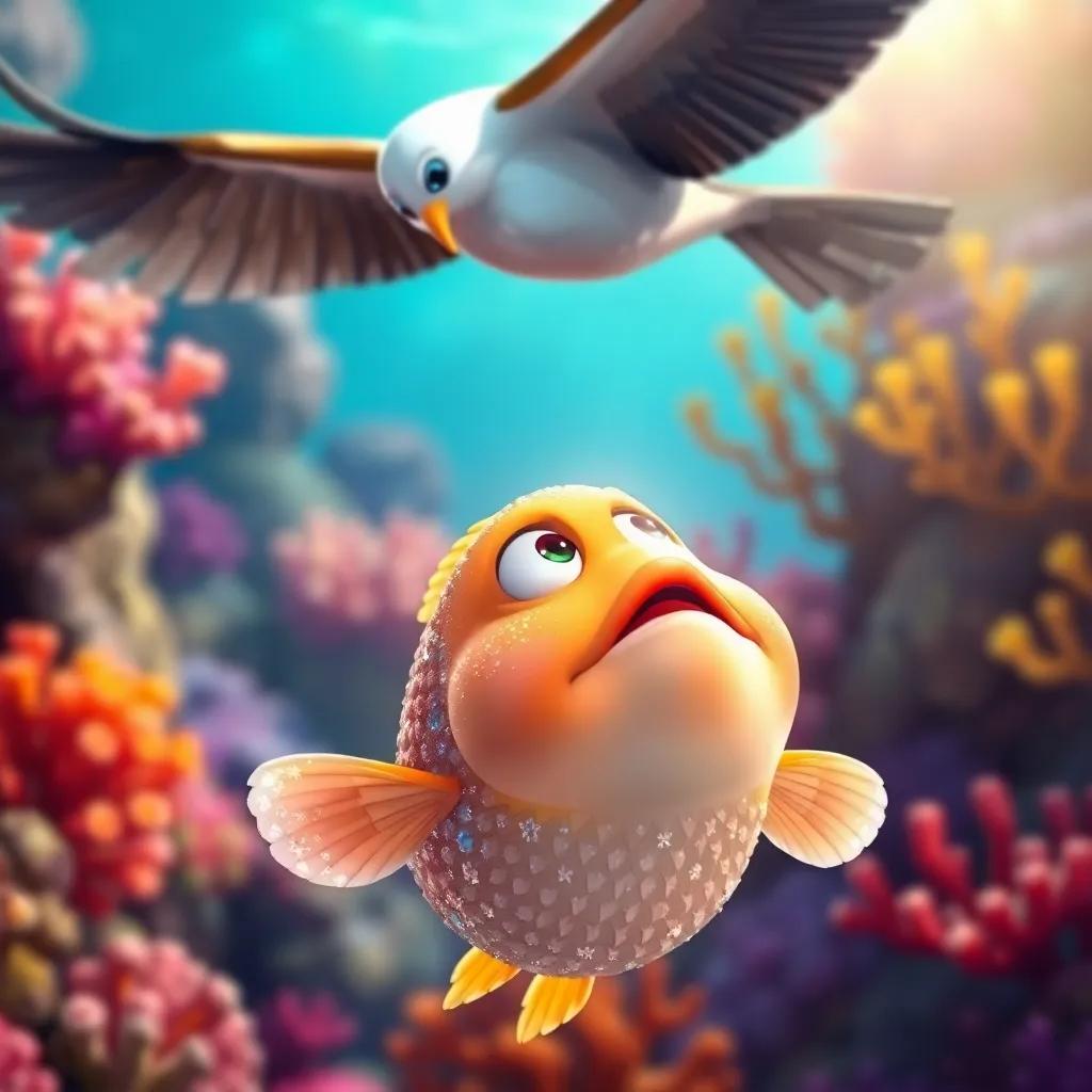 A small fish with sparkling scales, looking up in fear at a large bird flying overhead, colorful coral reef in the background, cartoon style, bright colors, sense of excitement and danger, high quality