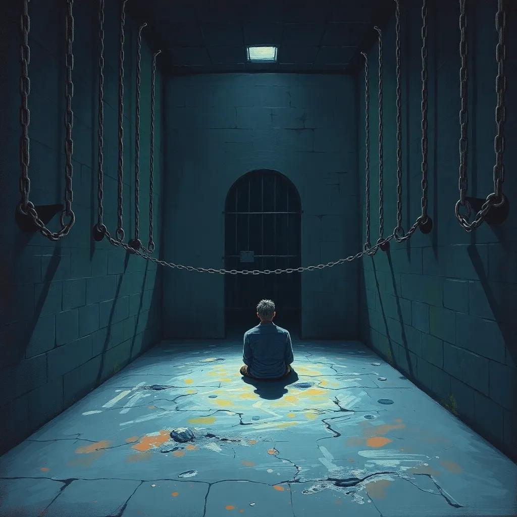 A dark prison cell, with chains hanging from the walls, a shadowy figure of a prisoner sitting on the cold floor, deep in thought, illustration, gloomy atmosphere, dim light, high quality
