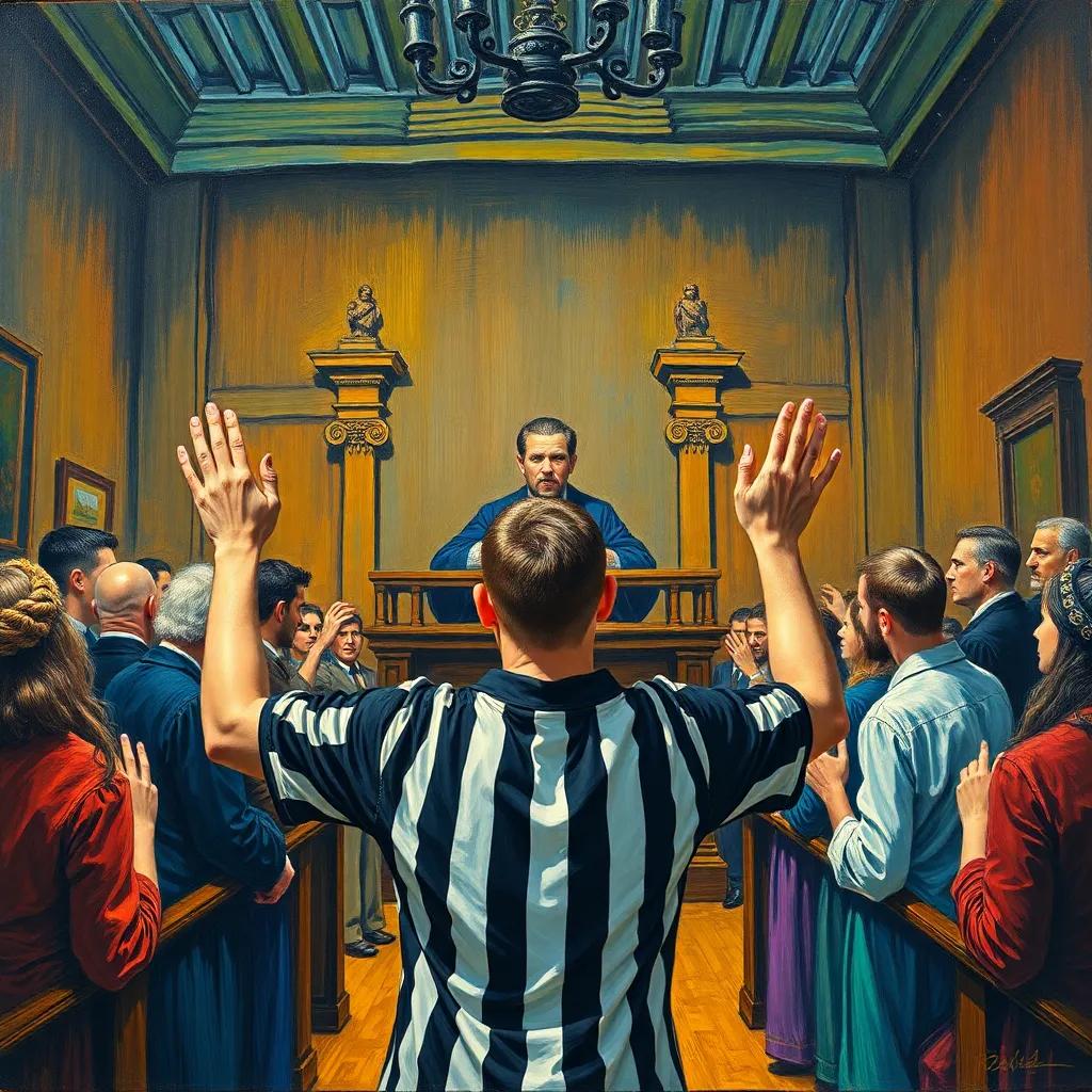 A courtroom, where a prisoner stands in front of a stern judge, filled with despair, his hands raised in defense, characters conveying deep emotion, dramatic scene, vivid, high quality