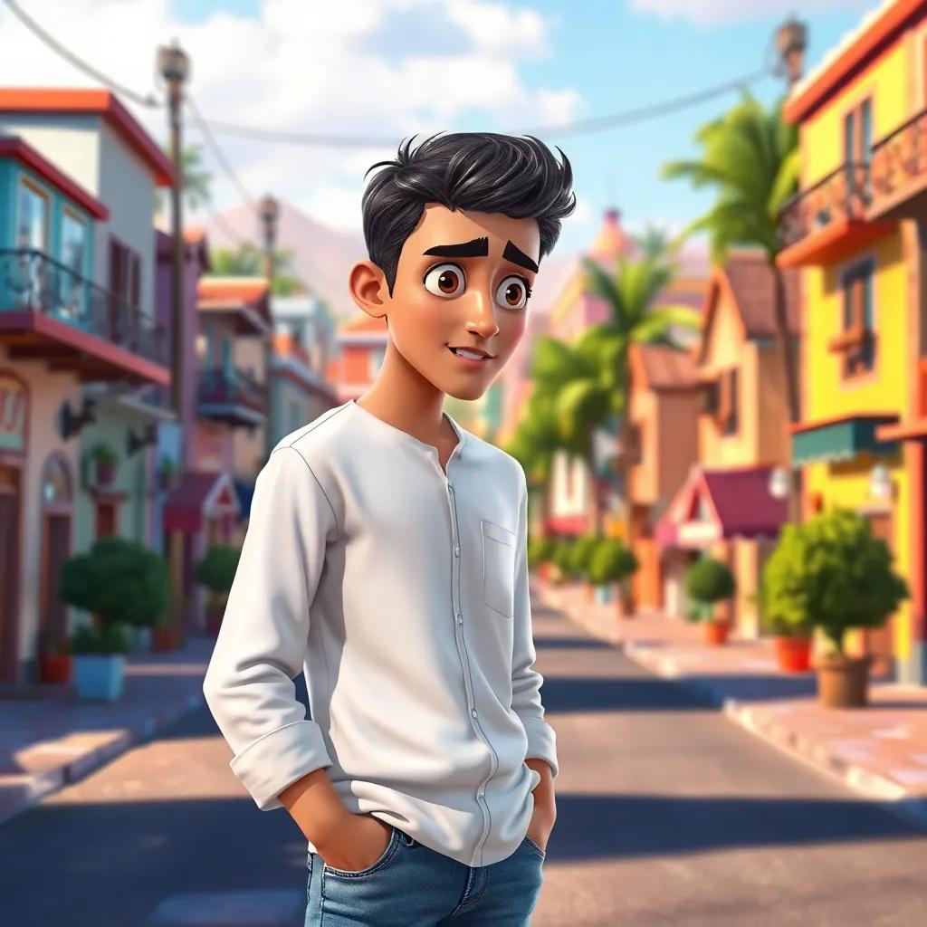A young Arab man, Sami, with short dark hair, wearing a simple white shirt and jeans, looking confused at his shadow on the ground, surrounded by a colorful small town with houses and trees, digital art, bright colors, lively atmosphere, engaging perspective