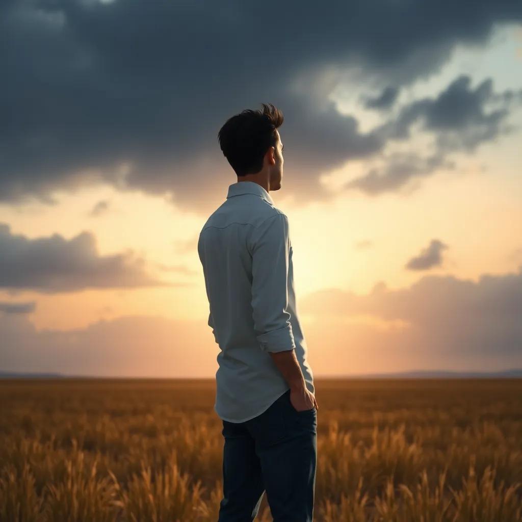 Sami, a young Arab man with short dark hair in a white shirt and jeans, standing in an open field facing his shadow, which looks twisted and distorted, under a dark cloudy sky, digital illustration, dramatic lighting, moody colors, deep focus, engaging scene