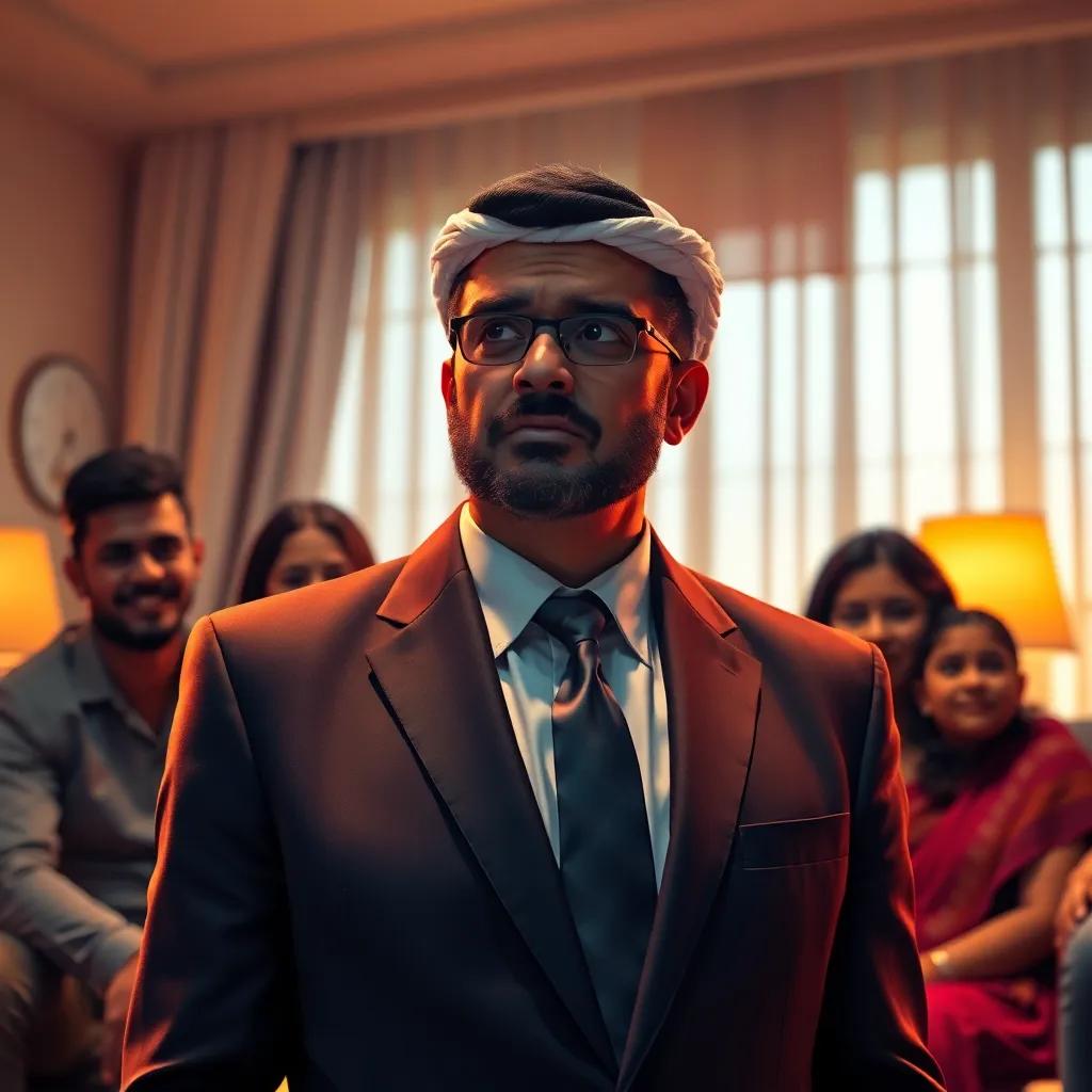 A middle-aged Arab man, wearing a formal suit, looking distressed in a living room with light shades, surrounded by family members showing support, digital art, emotional atmosphere, warm colors, inviting light, high quality