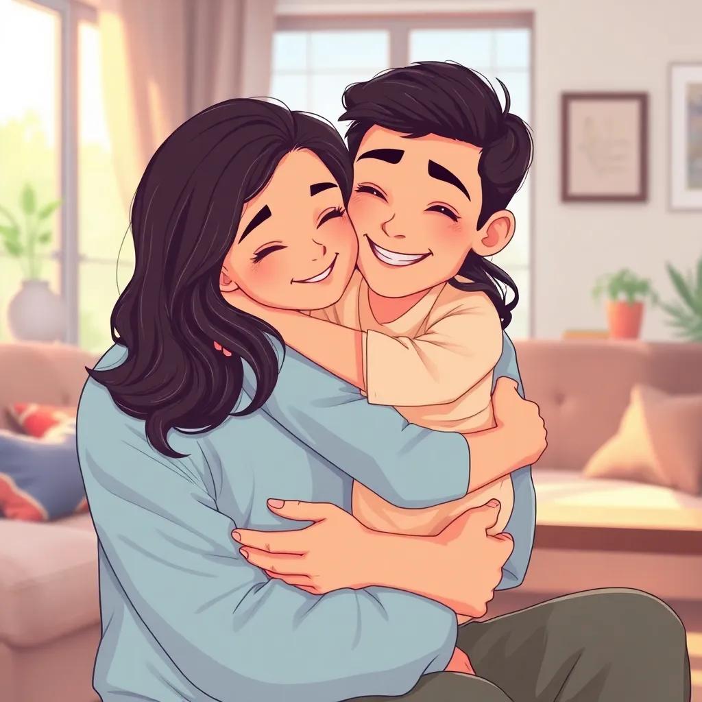 A young Arab girl, with long dark hair, sitting on her father's knee, hugging him tightly with a hopeful smile, inside a cozy living room, cheerful and uplifting, bright sunlight filtering in, heartwarming scene, detailed illustration