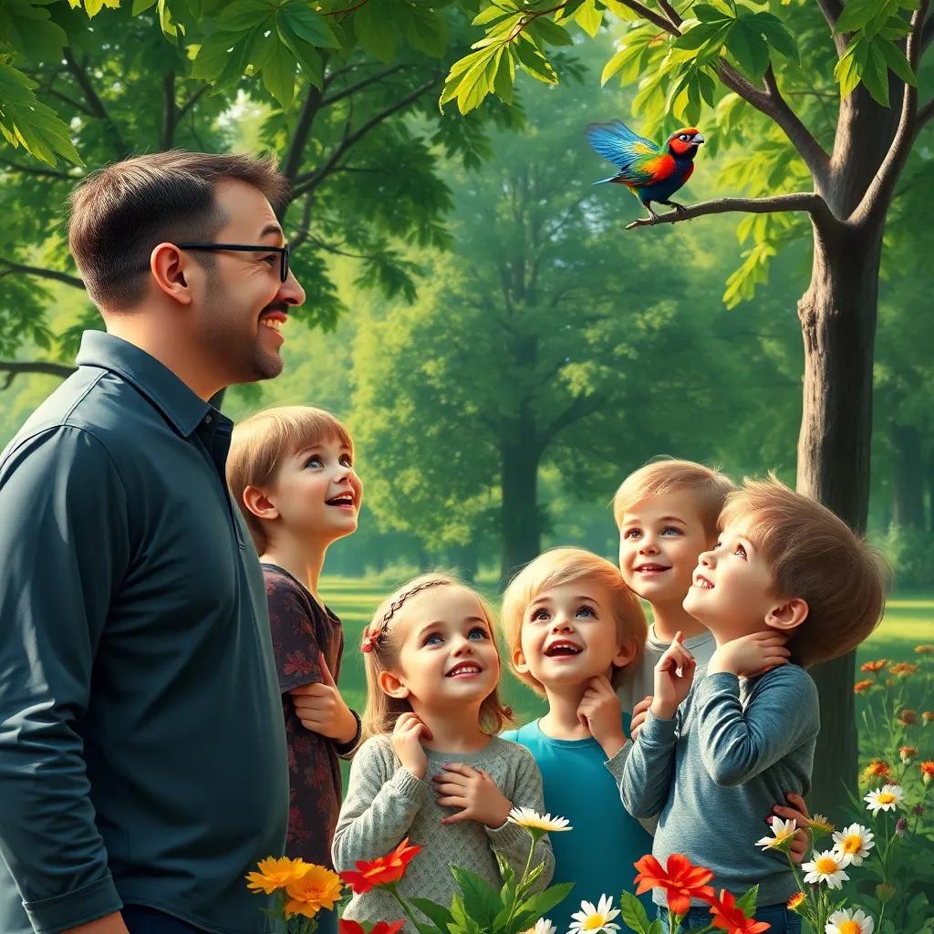 A happy family with a father, mother, and three kids in a park, looking at a colorful bird perched on a tree, amazed expressions, lush green trees, bright flowers, digital art, friendly scene, warm light, high quality