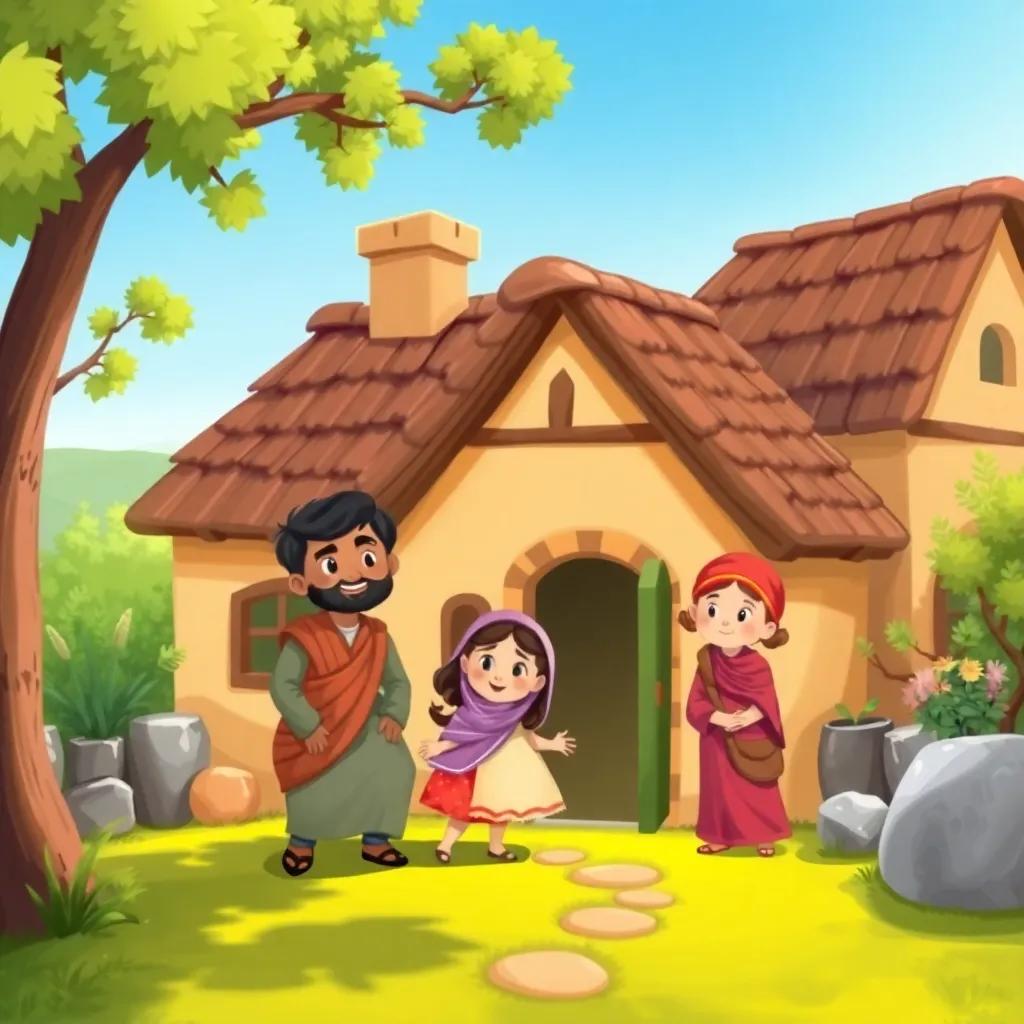 A small village with a cozy house, showing a happy family of four, with a father named Ahmed, a daughter named Layla, and a son named Sami, under a clear blue sky, bright and colorful, inviting atmosphere, warm family time, digital art, high quality